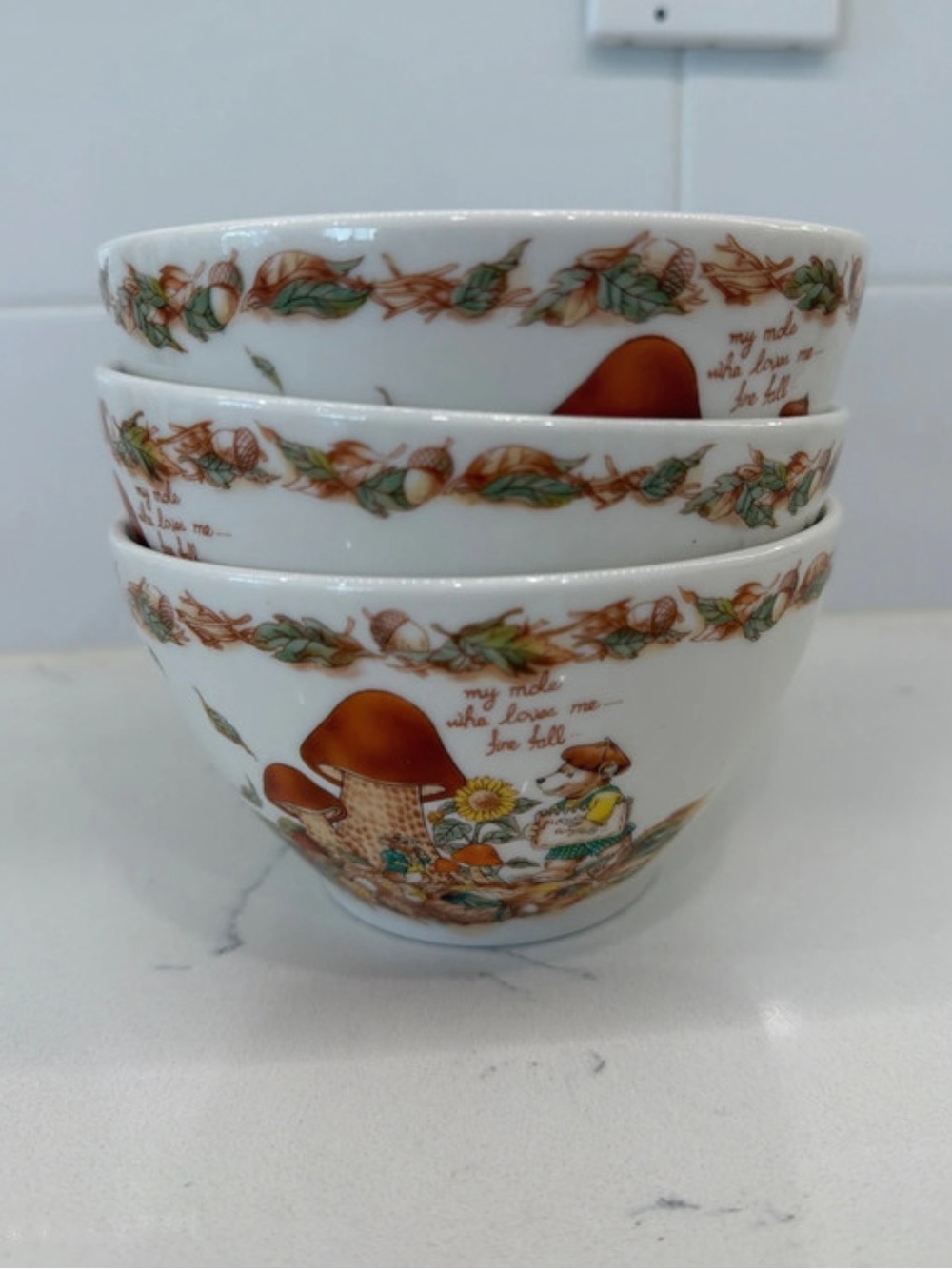 Vintage Mushroom & Acorn Ceramic Bowl White and Brown Cottagecore